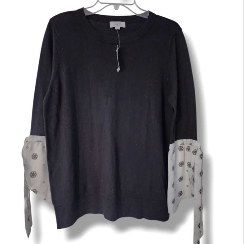 LOFT black crewneck cotton sweater with floral statement sleeves L NWT